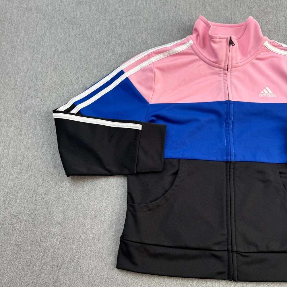 Adidas Track Jacket Girls Size Medium 10/12 Pink Striped Full Zip‎ Activewear